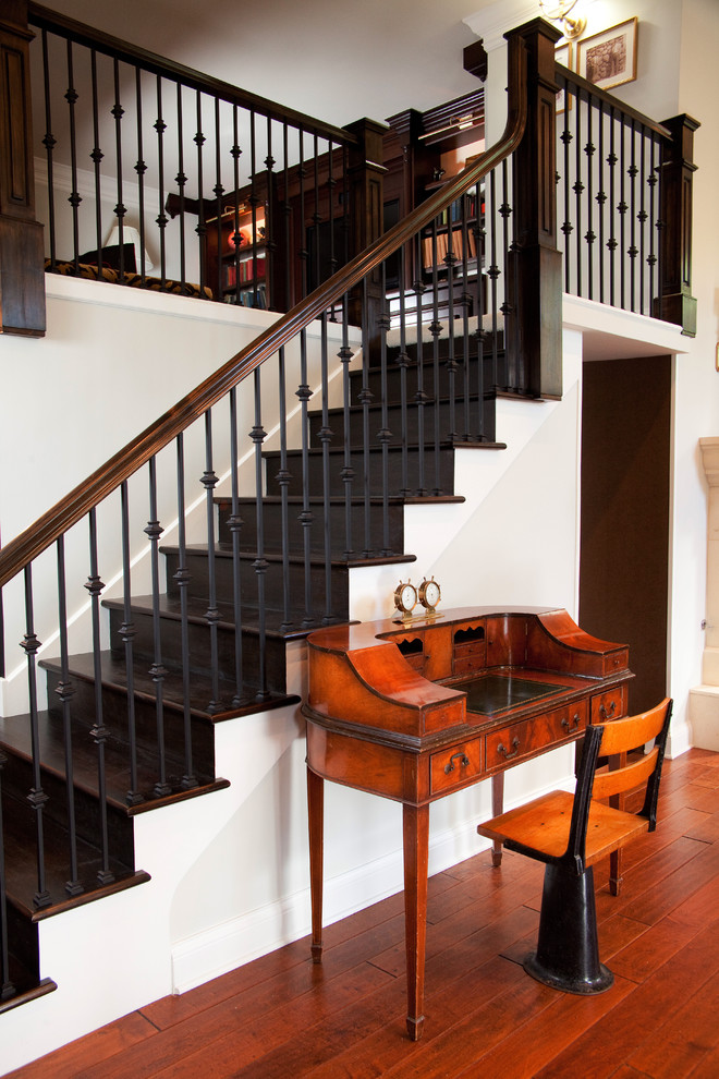 Rod Iron Railing Staircase Traditional with Antique Desk Built in Chair