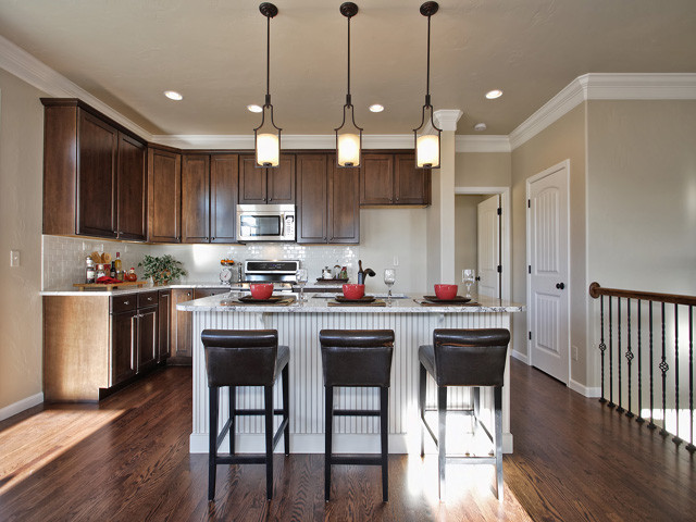 Rod Iron Spindles Kitchen Transitional with Cottage Doors Crown Moulding