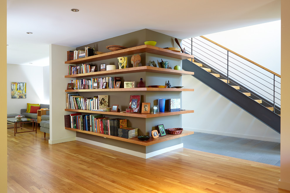 Rod Iron Spindles Staircase Contemporary with Bookcase Bookshelves Brown Accent