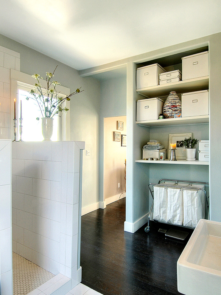 Rolling Laundry Cart Bathroom Contemporary with Dark Stained Wood Floor