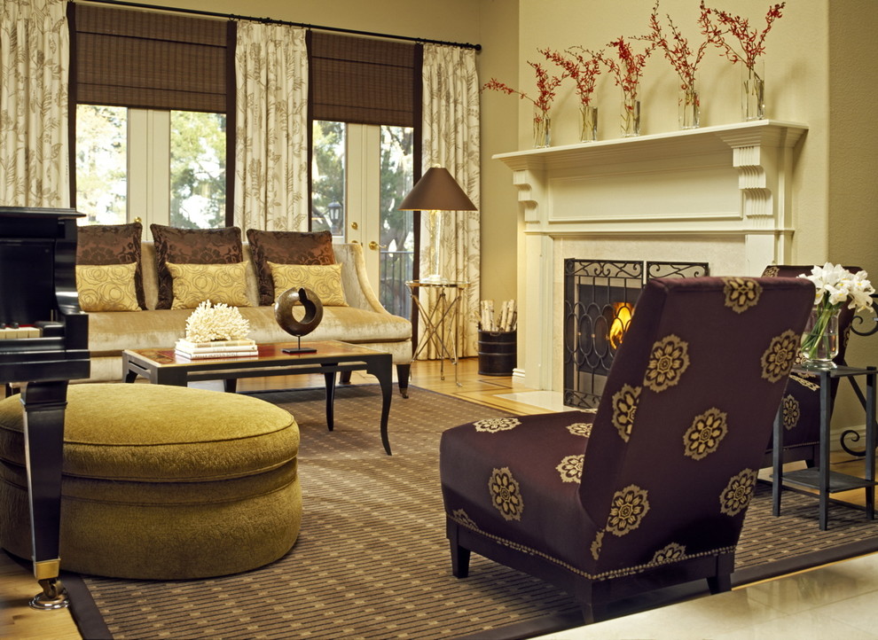 Roman Shade Ideas Living Room Traditional with Armchair Curtain Fireplace Ottoman