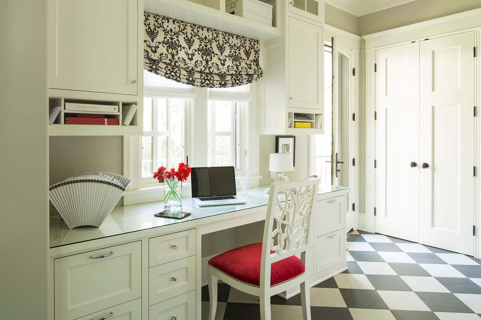Roman Shade with Valance Home Office Transitional with Black and White Window