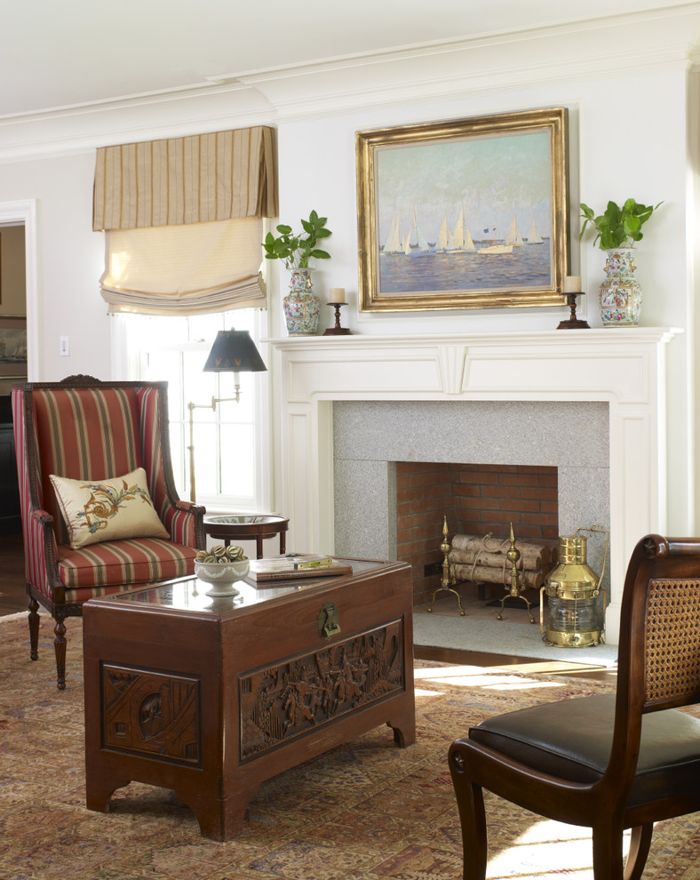 Roman Shade with Valance Living Room Traditional with Andirons Area Rug Cane