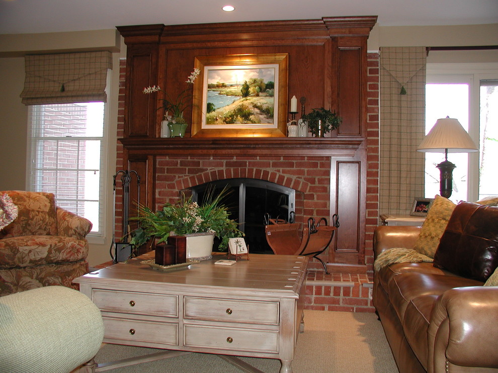 Roman Shades for Sliding Glass Doors Family Room Traditional with Brick Wall Cherry Mantle