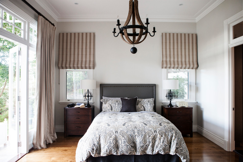 Roman Shades French Doors Bedroom Traditional with Beige Striped Roman Shades
