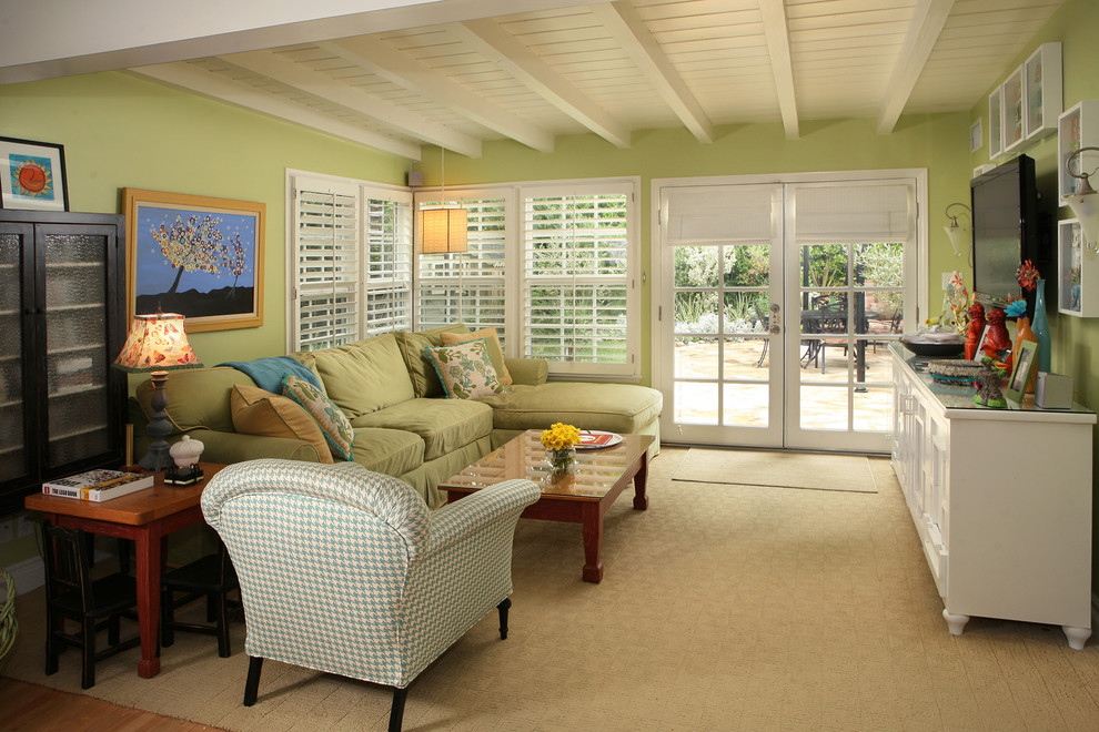 Roman Shades French Doors Family Room Contemporary with Area Rug Exposed Beams