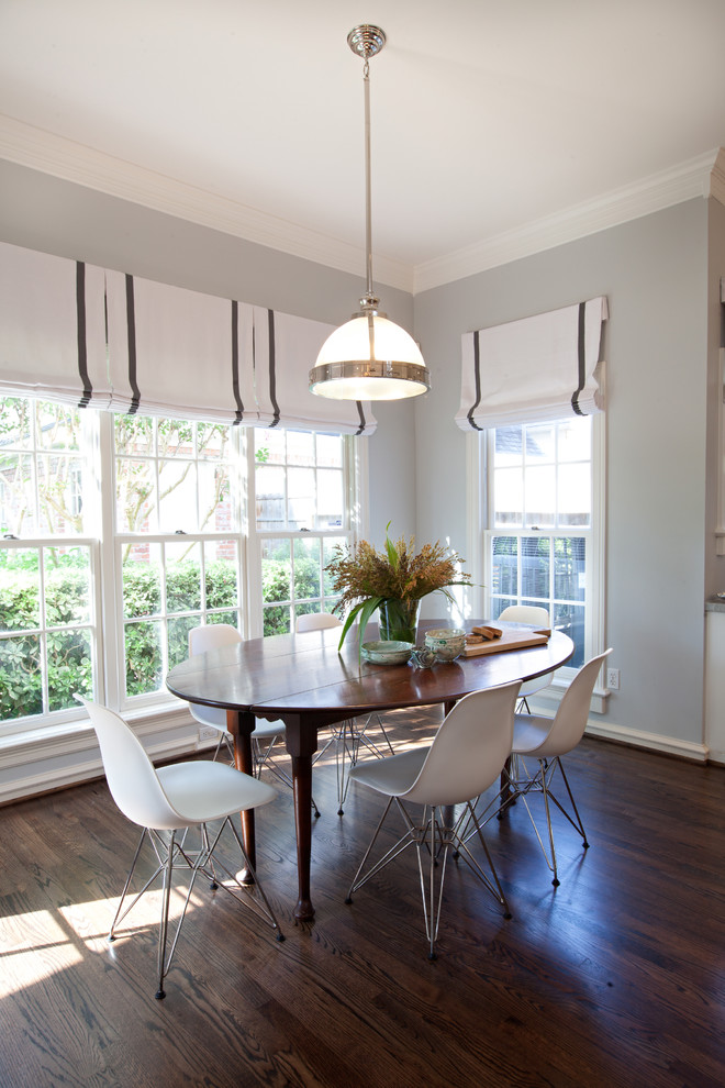 Roman Shades Outside Mount Dining Room Contemporary with Centerpiece Eames Eiffel Chairs