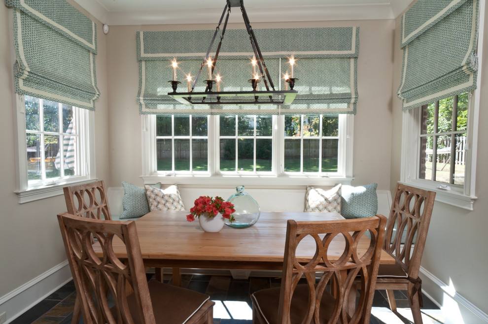 Roman Shades Outside Mount Kitchen Transitional with Aqua Banquette Baseboards Bay