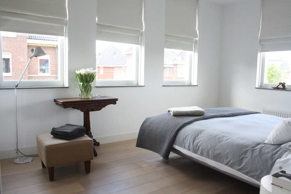 Roman Shades Over Blinds Bedroom Contemporary with Floor Lamp Floral Arrangement