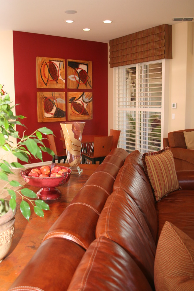 Roman Shades Over Blinds Family Room Contemporary with Art Bowl Brown Leather