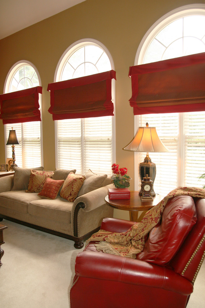 Roman Shades Over Blinds Family Room with Accent Accessories Carpeting Chair