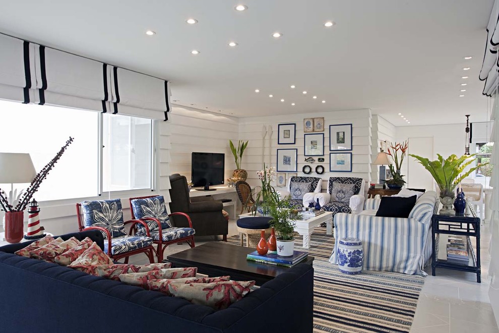 Roman Shades Over Blinds Living Room Contemporary with Area Rug Beachy Decorative