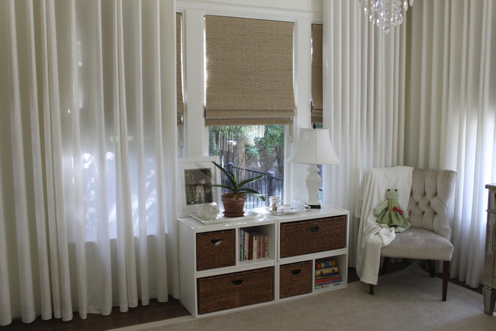 Roman Shades with Curtains Nursery Traditional with Area Rug Bedroom Bookcase