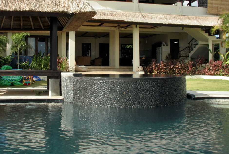 Roman Shades with Valance Pool Tropical with Pebble Tile Pebble Tile