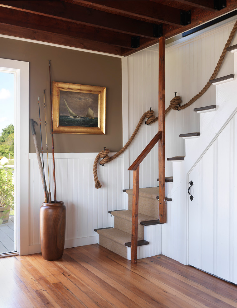 Rope Deck Railing Staircase Beach with Beadboard Costal Cottage Cottage