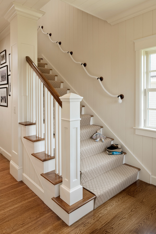 Rope Deck Railing Staircase Beach with Carpet Runner Carpeted Staircase