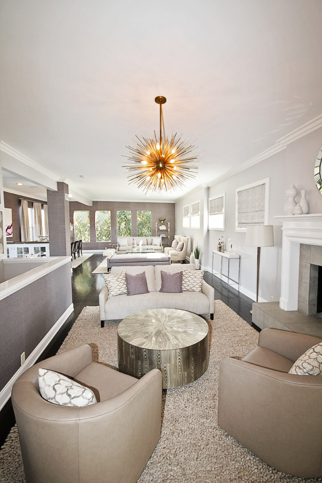 Round Cocktail Table Living Room Transitional with Dark Wood Floors Fireplace