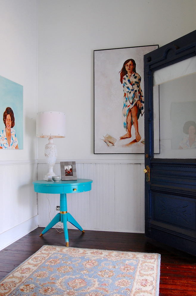 Round Foyer Table Entry Eclectic with Beadboard Wainscoting Covered Porch