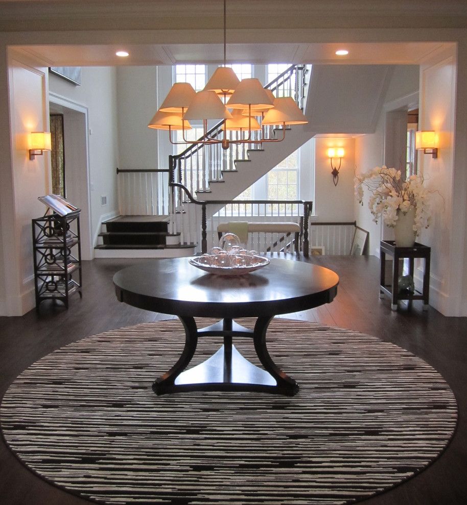 Round Foyer Table Entry Traditional with Black Bookshelf Chandelier Entry