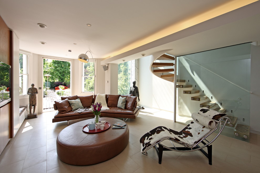 Round Leather Ottoman Family Room Contemporary with Animal Hide Chaise Lounge