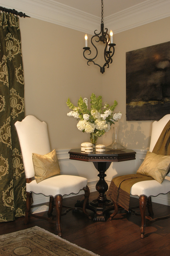 Round Pedestal Table Living Room Traditional with Carafe Curtains Dark Wood