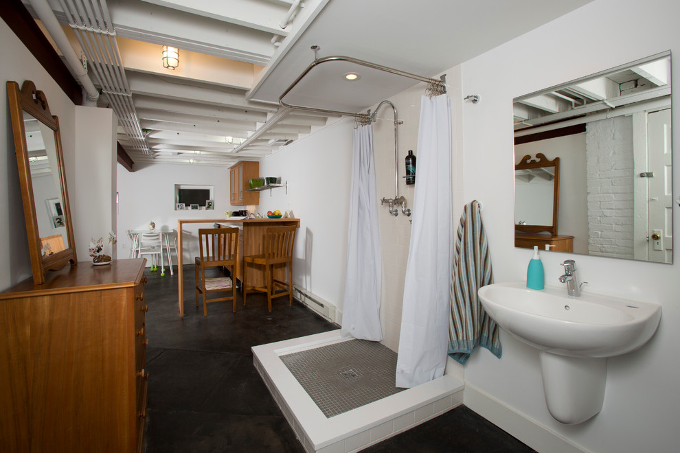 Round Shower Curtain Basement Contemporary with Concrete Floor Exposed Beams