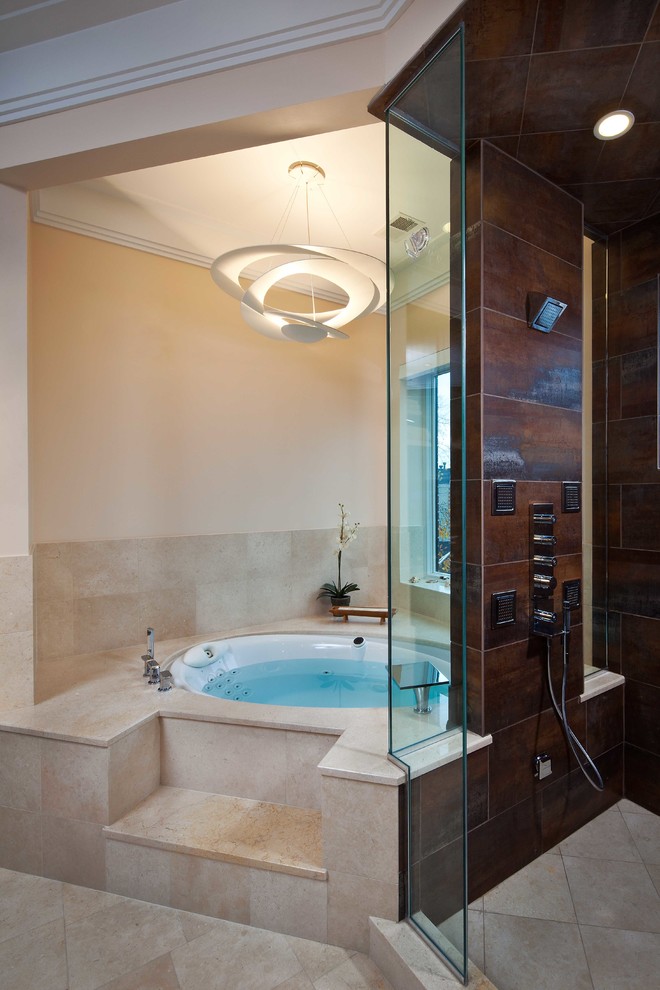 Round Soaking Tub Bathroom Contemporary with Bathtub Beige Stone Floor