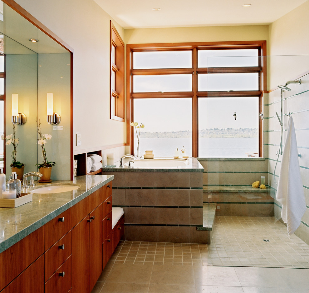 Round Soaking Tub Bathroom Contemporary with Clear Glass Shower Curbless