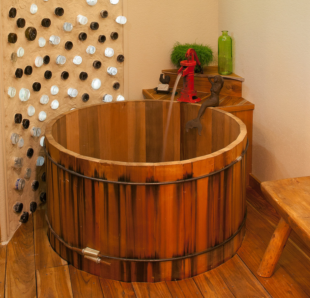 Round Soaking Tub Bathroom Rustic with Bottle Wall Cedar Tub