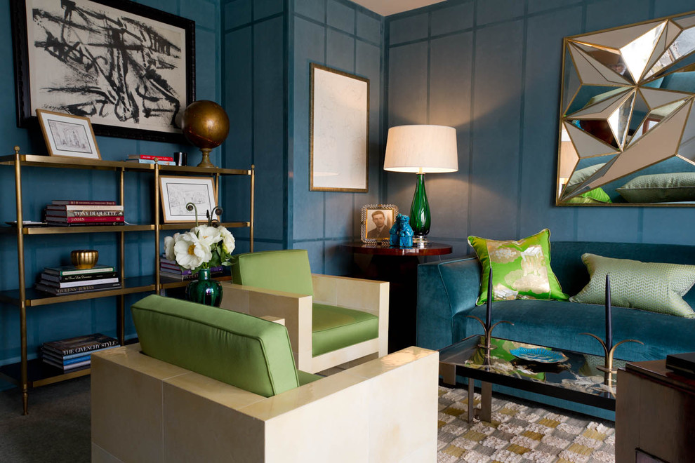 Round Teal Rug Living Room Contemporary with Blue Walls Bookcase Bookshelves