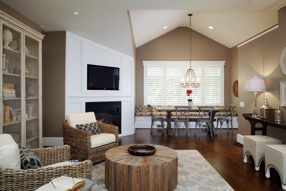 Round Wood Coffee Table Family Room Contemporary with Area Rug Baseboards Bookcase