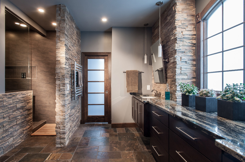 Rsi Kitchen and Bath Bathroom Transitional with Brown Floor Tile Double