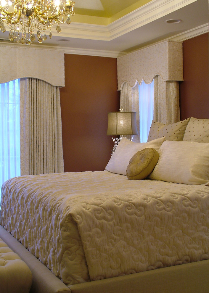 Rust Colored Paint Bedroom Transitional with Crystal Crystal Chandelier In