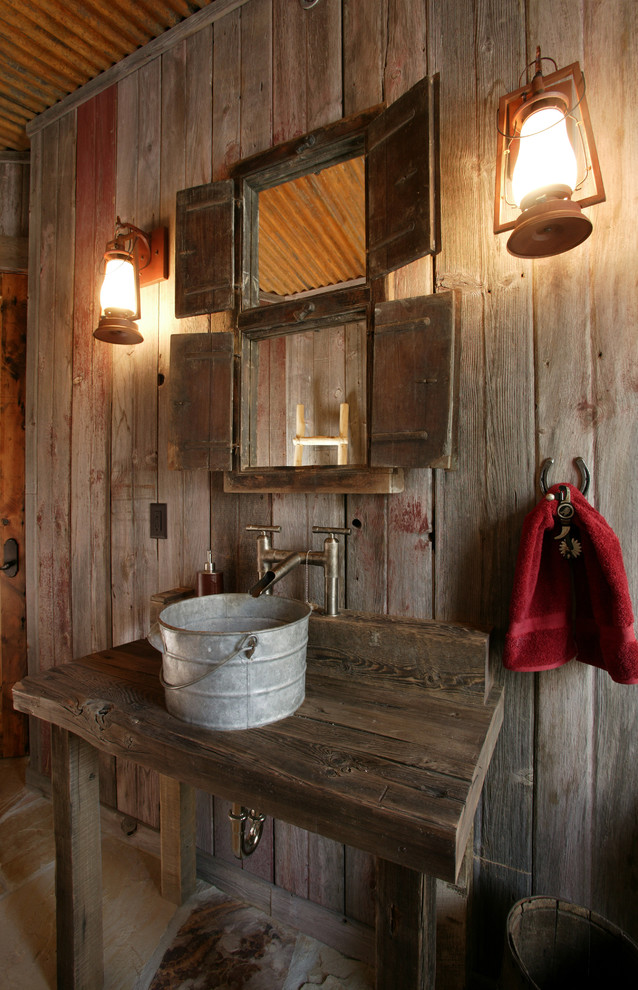 Rustic Bathroom Vanities Powder Room Rustic with Bridge Faucet Bucket Sink