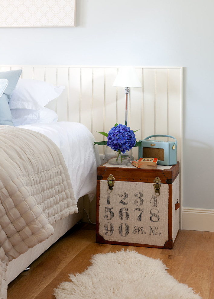 Rustic Bedside Tables Bedroom Transitional with Beadboard Beige Bedding Blue