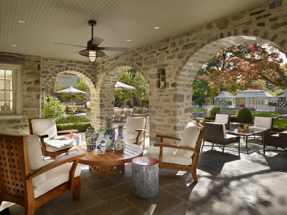 Rustic Ceiling Fan Patio Contemporary with Arch Beadboard Ceiling Blue