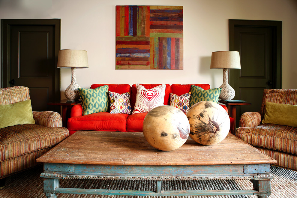 Rustic Coffee Tables Living Room Rustic with Artwork Collected Colorful Pillows