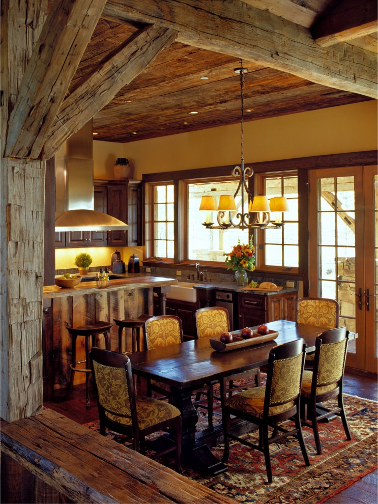 Rustic Dining Rooms Dining Room Rustic with Area Rug Barstools Centerpiece