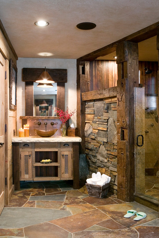 Rustic Elegance Decor Bathroom Rustic with Beige Countertop Recessed Lighting