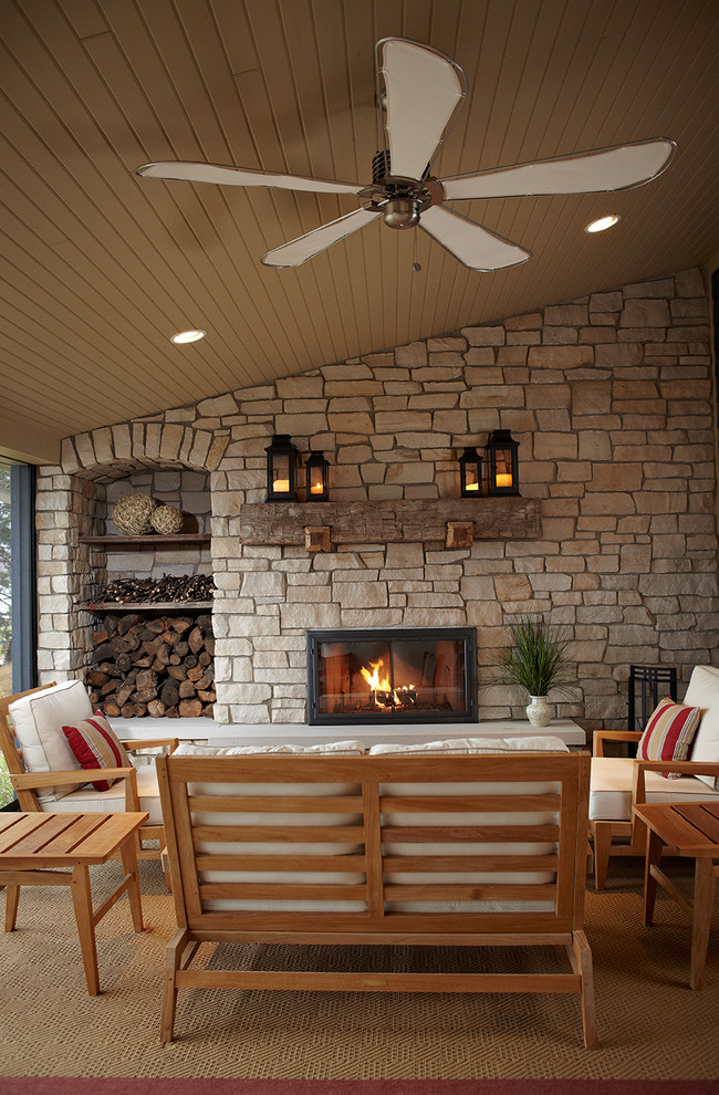 Rustic Fireplace Mantels Patio Farmhouse with Beige Outdoor Cushions Candle