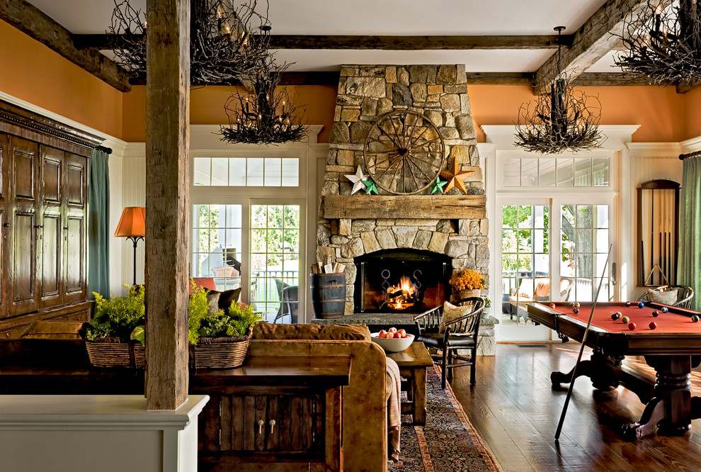 Rustic Fireplace Tools Family Room Traditional with Aged Beams Chandelier Coffered