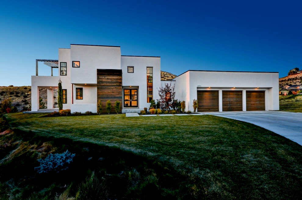 Rustic Garage Doors Exterior Modern with Accent Lighting Bushes Column