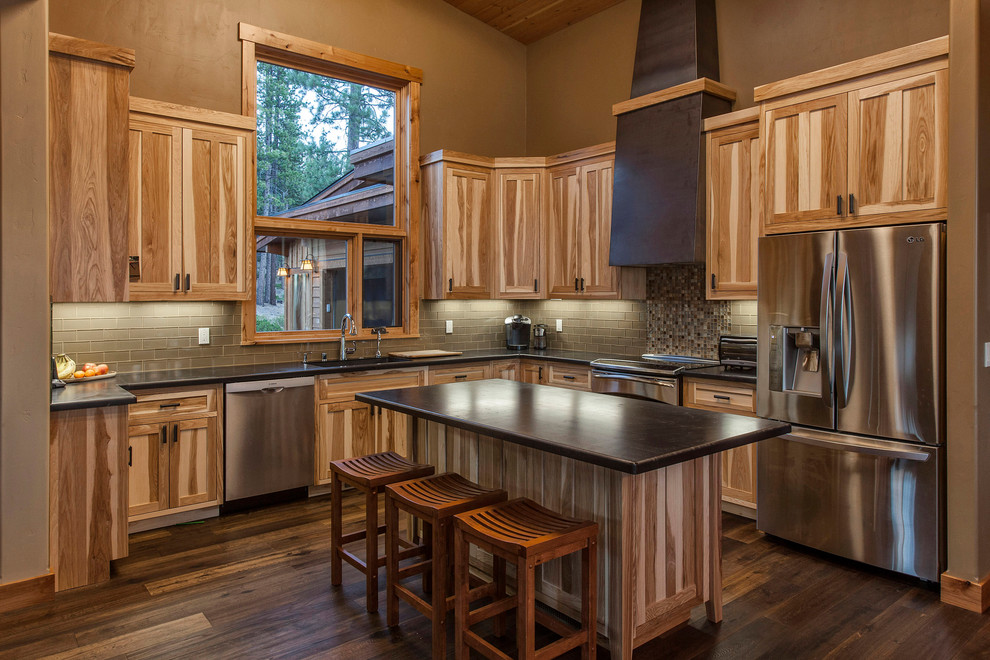 Rustic Hickory Kitchen Cabinets Kitchen Contemporary with Black Countertop Brown Mosaic