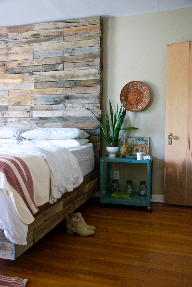 Rustic Platform Beds Bedroom Eclectic with Beige Wall Mismatched Furniture