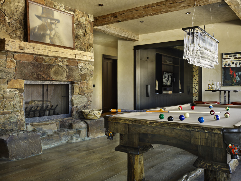 Rustic Stone Fireplaces Family Room Rustic with Chandelier Fireplace Pool Table
