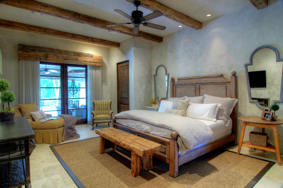 Rustic Window Treatments Bedroom Mediterranean with Beige Floor Ceiling Fan