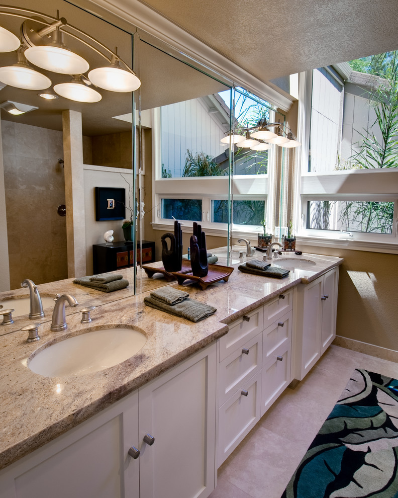 Rustic Wood Flooring Bathroom Contemporary with Custom Double Vanity 