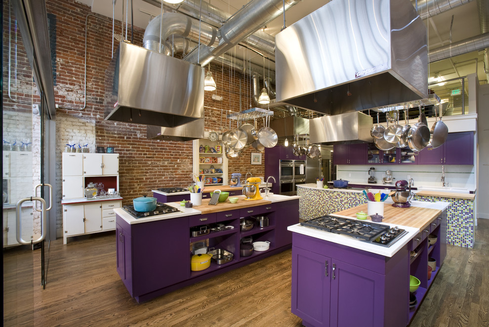 Rustic Wood Flooring Kitchen Industrial with Bold Colors Brick Wall