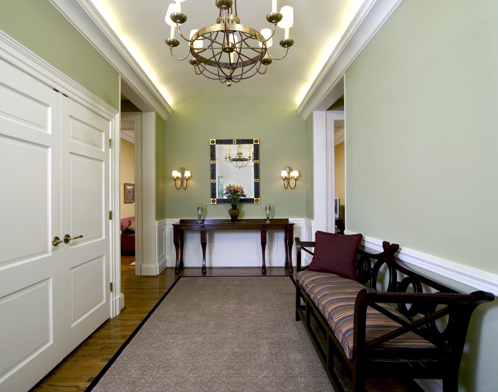 Sage Green Paint Entry Traditional with Area Rug Chandelier Console