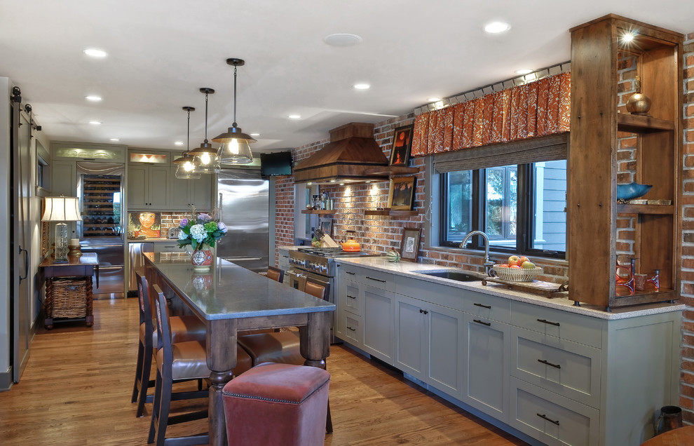 Sage Green Paint Kitchen Transitional with Barn Doors Brick Wall